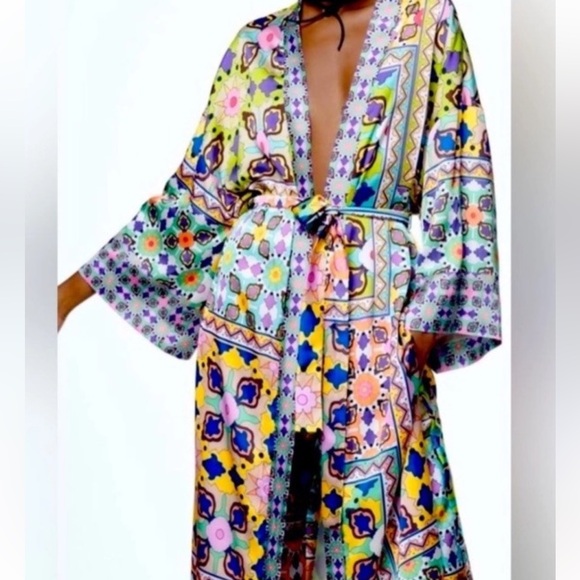 Zara Other - Zara Satin Multicolor Printed Kimono Robe Split Hem
